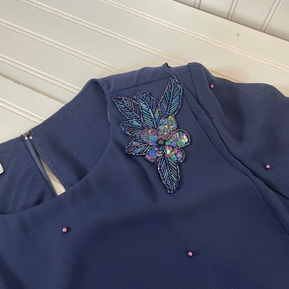 Patra Women’s Navy Blue Sequin & Pearlized Midi Shift Dress Long Sleeve Size 16 - Picture 5 of 8